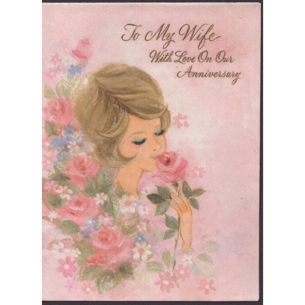 Vintage 1960s Anniversary Card To My Wife Hallmark Pink Roses Mid-Century